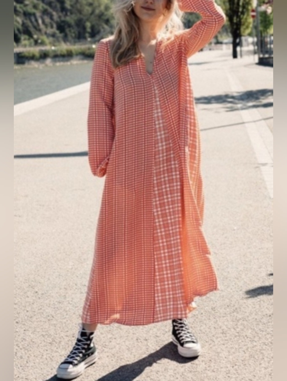 STINE GOYA Lelia Coral Check Maxi Dress